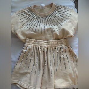 Beige Embellished Sweatshirt and Shorts Set